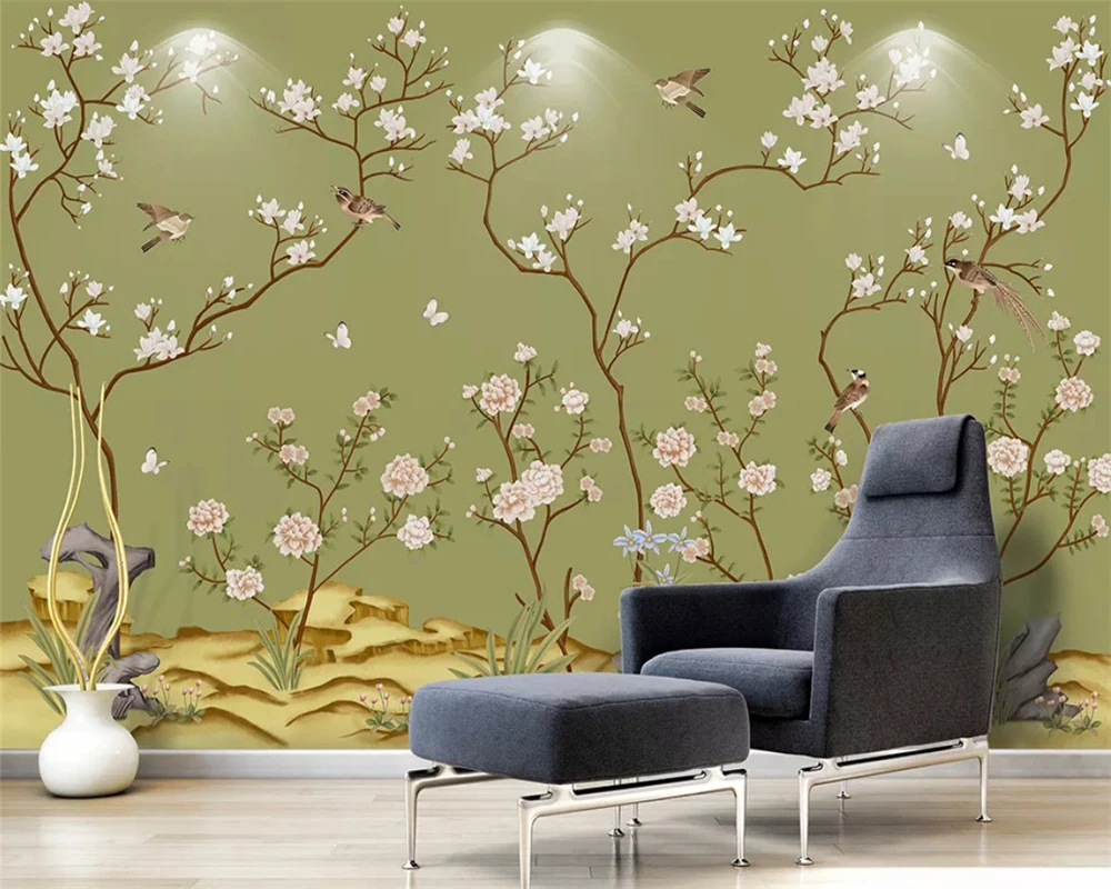 

beibehang Custom wallpaper hand drawn flowers birds background plum blossom peach background wall papers home decor papier peint