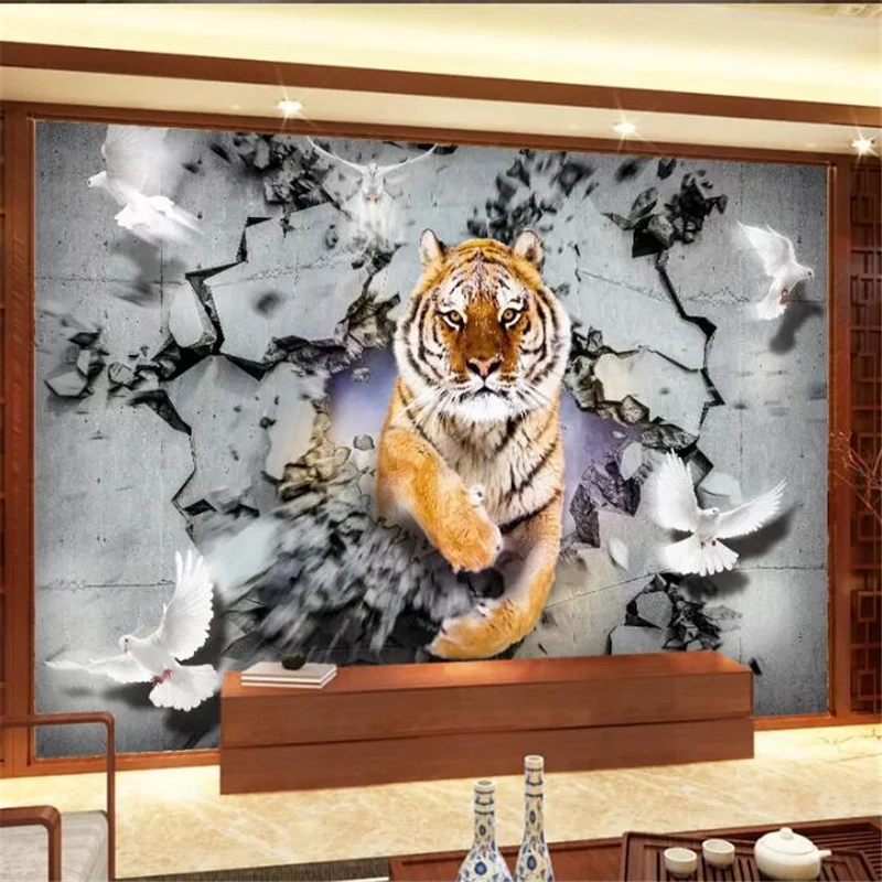 

beibehang Custom wallpaper 3d solid wall painting tiger breaking background wall papers home decor papel de parede 3d wallpaper