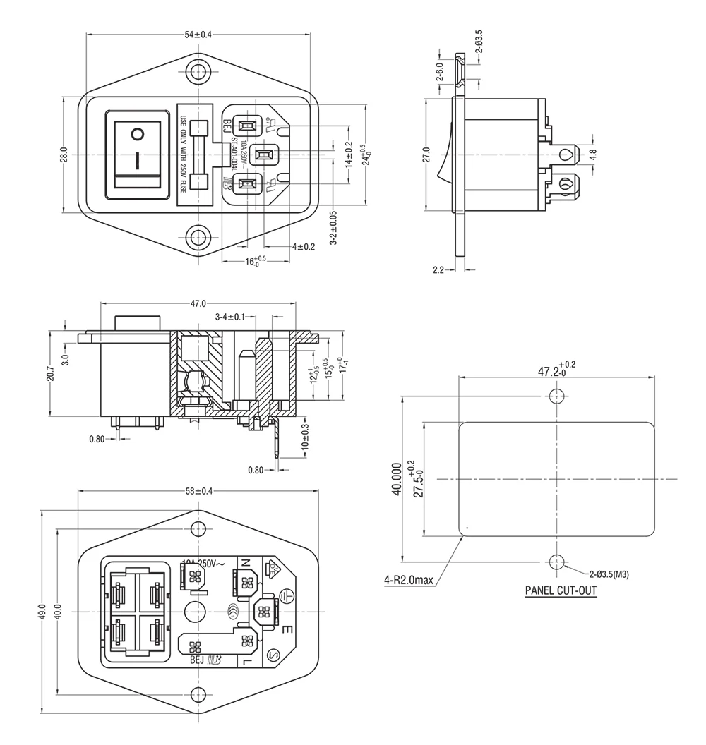 Power Rocker Switch IEC 3 Pin 320 C14 Inlet Power Sockets Switch Connector Plug 10A 250V AC Power Switch