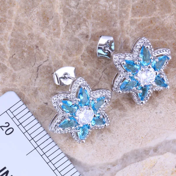 Angelic Sky Blue Cubic Zirconia White CZ Silver Plated Jewelry Sets Earrings Pendant Ring S0437