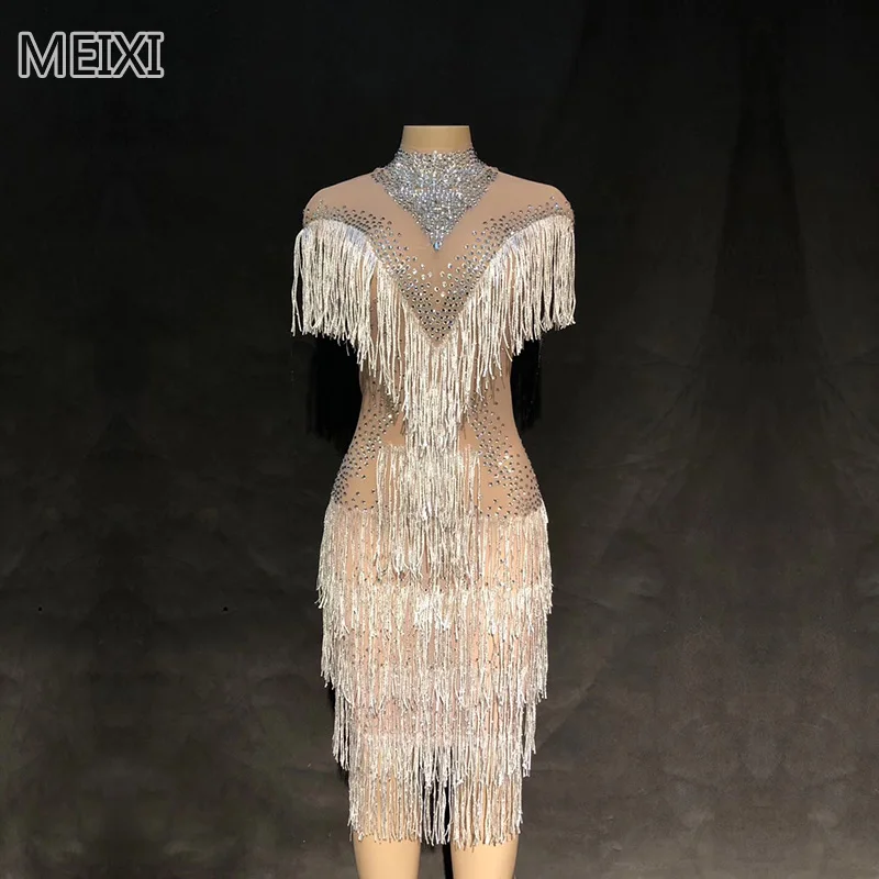 

Silver and white tassel rhinestone short dress wedding dress bar birthday party concert singer dancer costumes