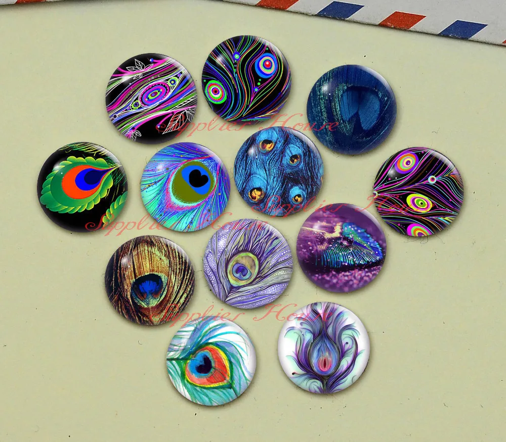 Handmade Round Peacock Feathers Photo Glass Cabochons, Jewelry Finding Cameo Pendant Settings, (F056-614)