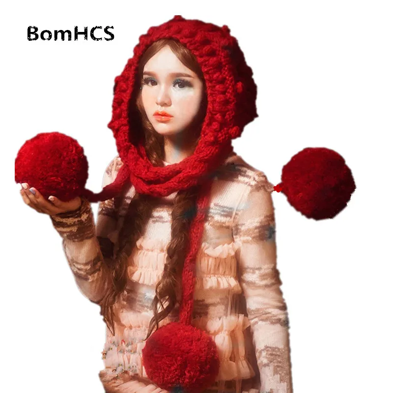 BomHCS European Style Beautiful Big Pompoms Ears Scarf Hat Handmade Knitted Beanie Neckerchief (without Gloves)