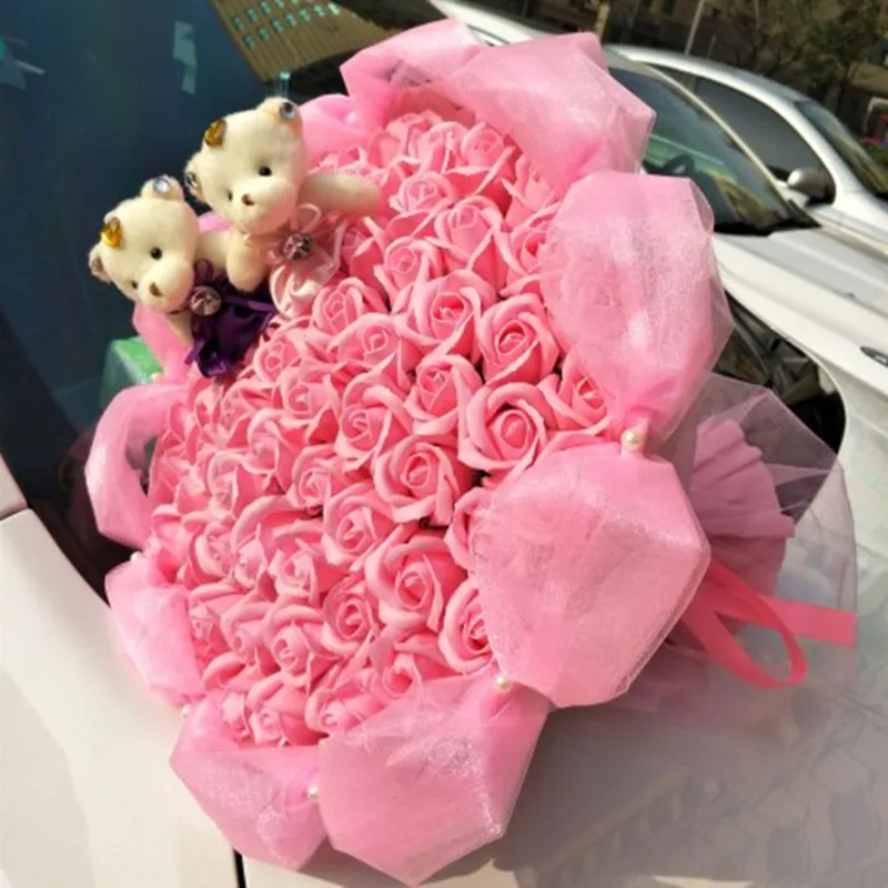 Lovely Plush Bear Doll Toys Soap Rose Bouquet Wedding Decoration Gift for Romantic Festival Graduation Christmas Gift For Girl