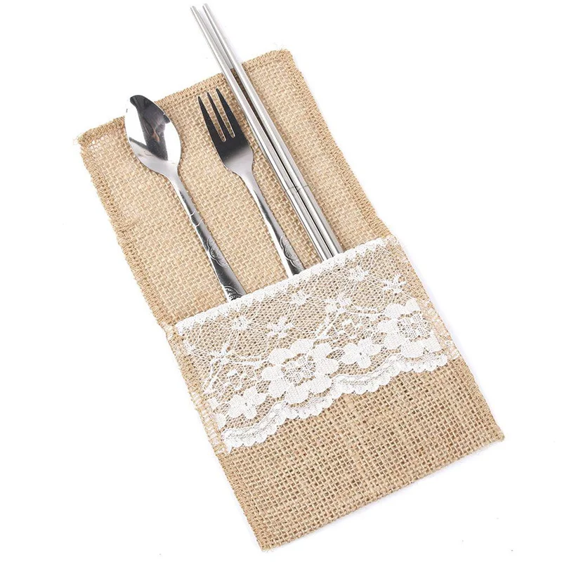 1pcs Cutlery Holder Decoration Favor rustic wedding decor vintage wedding decoration Hessian Burlap Lace Tableware 5BB5739