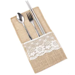 1pcs Cutlery Holder Decoration Favor rustic wedding decor vintage wedding decoration Hessian Burlap Lace Tableware 5BB5739