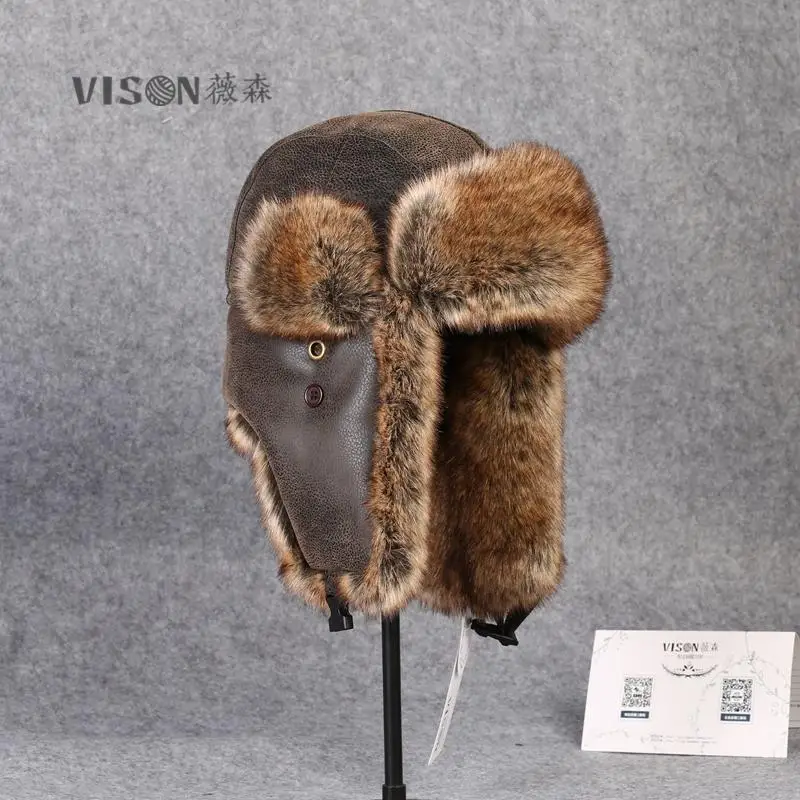 Men Fur Leather Hat for Winter Imitation Leather Fur Hat with Pom Ear Protect Bomber Hats Russian Ushanka Cap Leifeng Hat B-8431