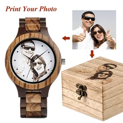 Reloj de pulsera de madera de bambú para hombre, accesorio único con logotipo personalizado, impresión de su propia foto, regalo de aniversario y Navidad para amantes y familias