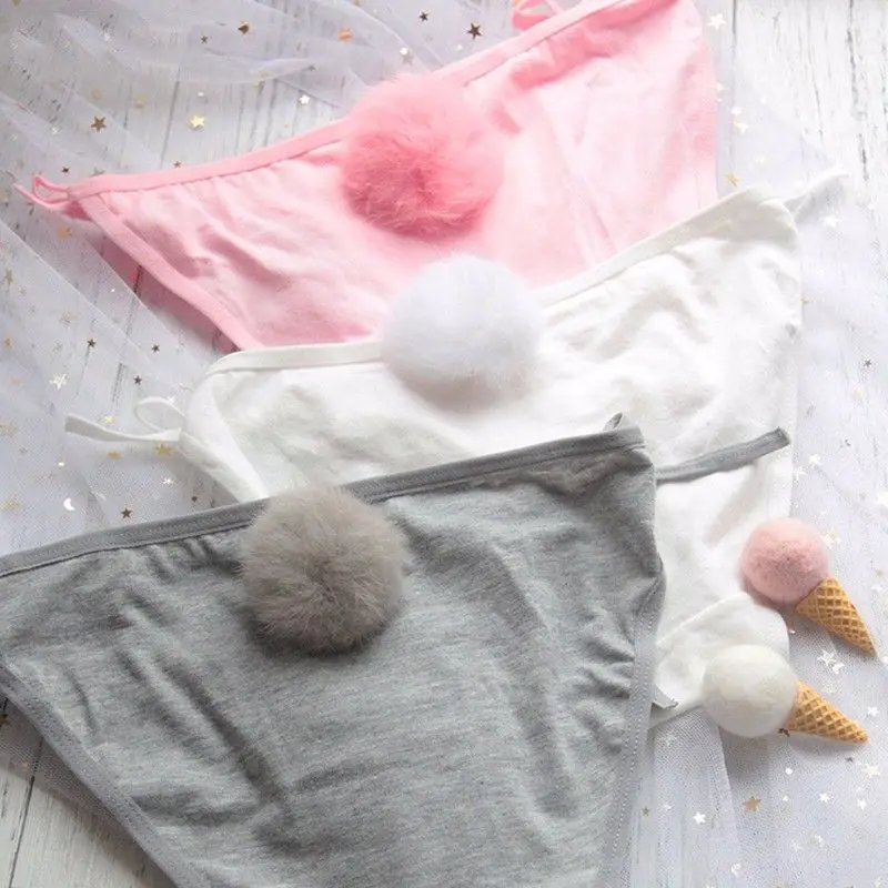 Women Sexy Side Tie Close Panties Cute Rabbit Tail Cotton Briefs Underwear