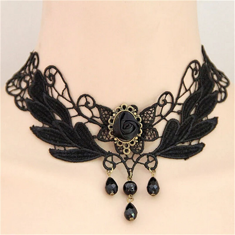 1PC Gothic Jewelry False Collar Statement Necklace Women\'s Style Black Fabric Rose Flower Beads Pendant Choker Lace Necklace