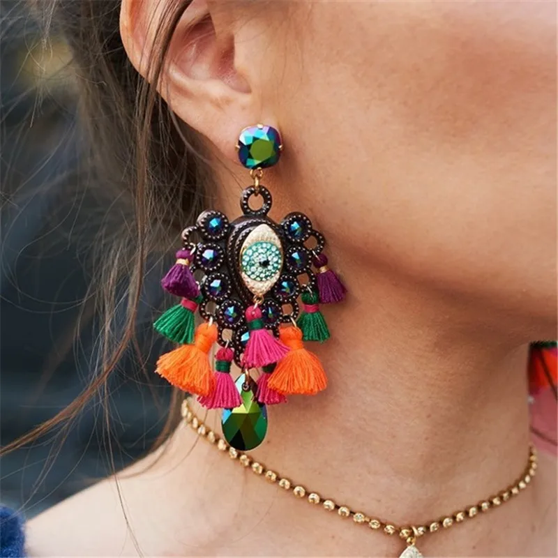 FASHIONSNOOPS Tassel Earrings for Women Crystal Beads Handmade Ethnic Long Dangle Charms Wedding Oorbellen Acessorios Earings