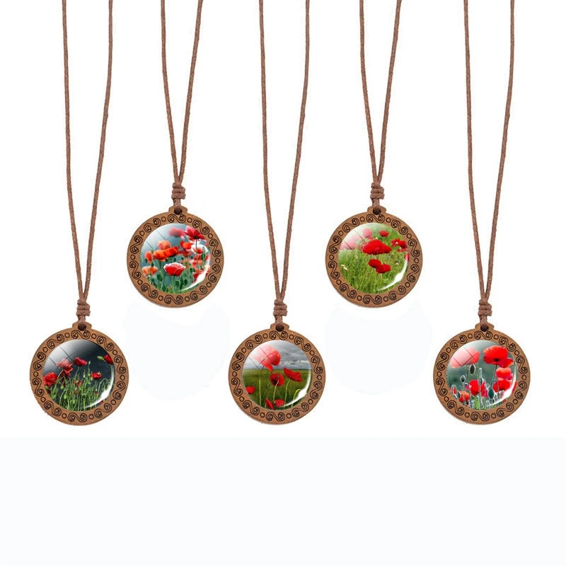 Retro Adjustable Rope Chain Poppy Flower Jewelry Art Painting Glass Cabochon Wooden Necklace Family Women Gift