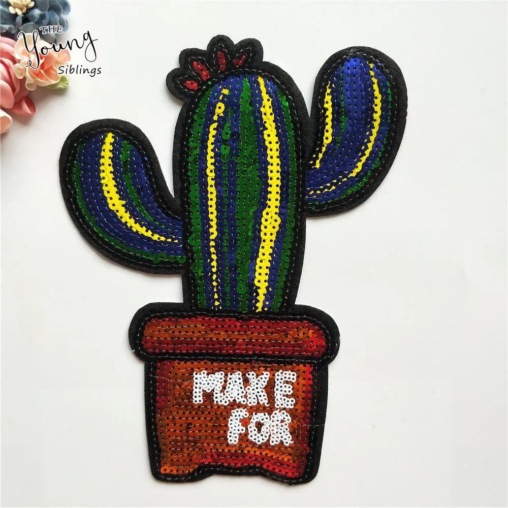 Large size Sequin Cactus Tree ice cream iron on patches Sewing Clothes Embroidered Applique Cartoon stickers Stripes for Clothes