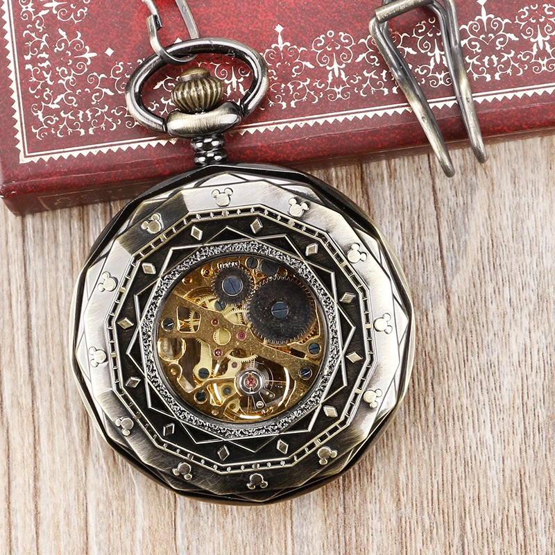 Retro Hand Wind Mechanical Pocket Watches Bronze Irregular Open Face Fob Clock for Men Women with Pendant Necklace Chain