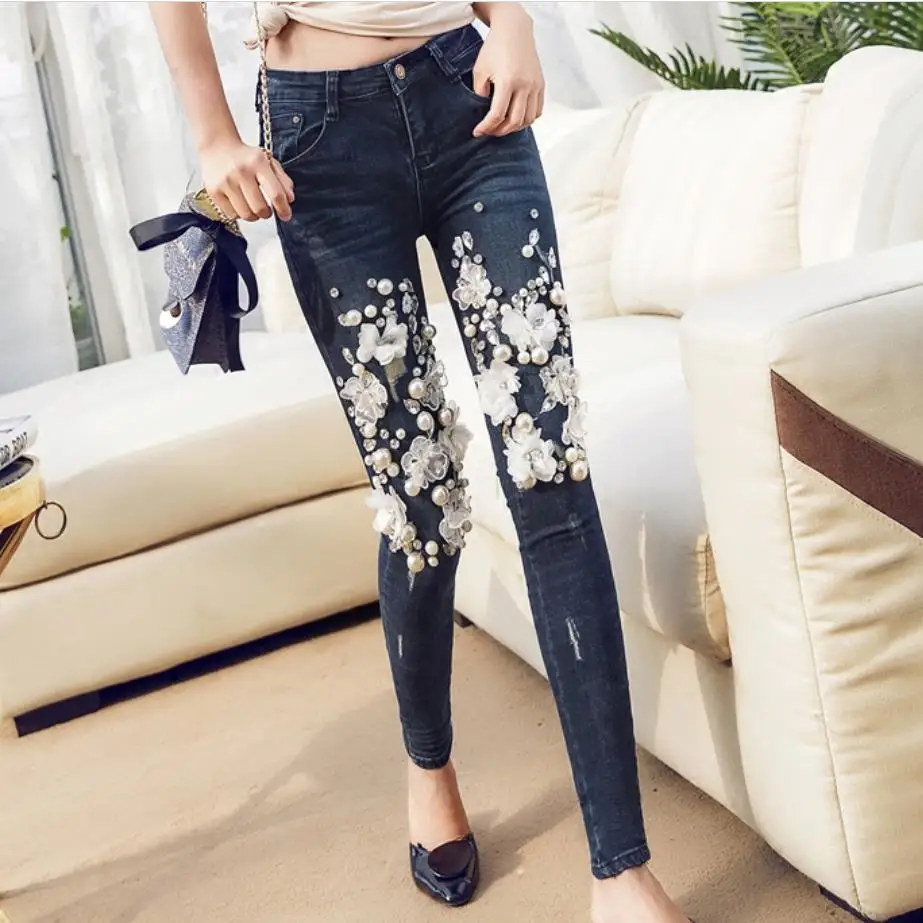 fashion Women Diamond Drilled Jeans Broken Hole Feet Pencil Pants Long Dark Blue Jeans With Rhinestone