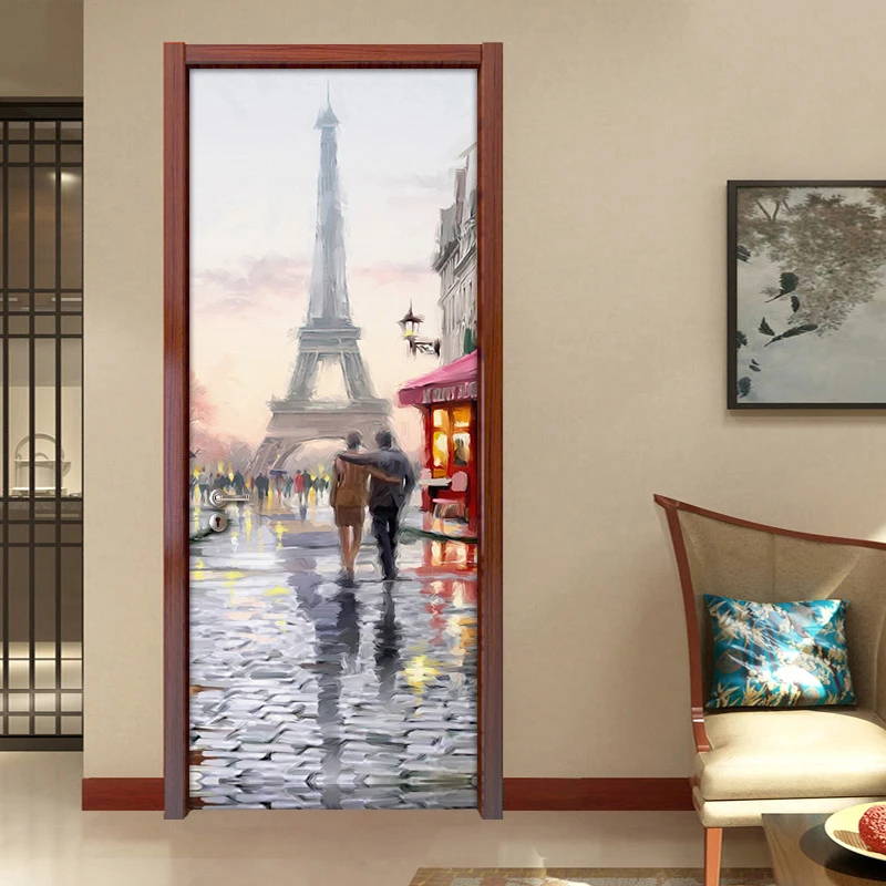 

DIY Self-adhesive Waterproof Door Stickers Home Decor Romantic Street View Couple Oil Painting Living Room Door Mural Wallpaper