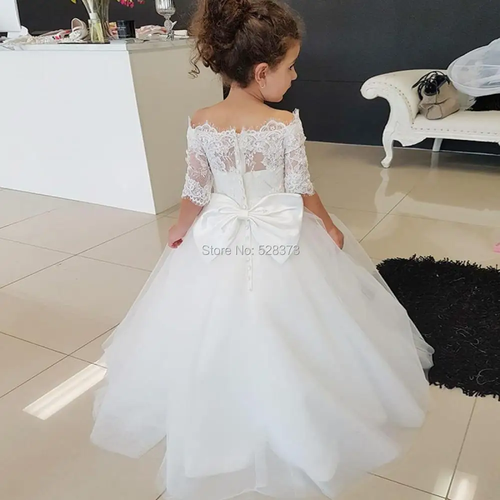 YNQNFS FG15 Real Photo Shoot Pageant Birthday Party Dress Wedding Boat Neck French Lace  Half Sleeves Flower Girl Dresses