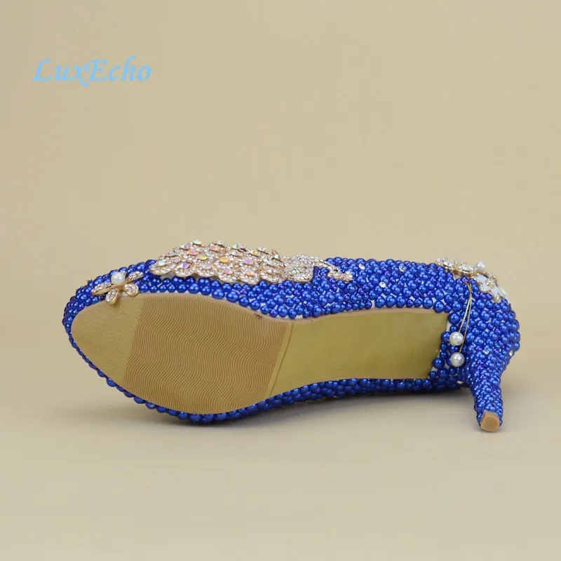 NEW Royal blue pearl wedding shoes and Bags SETS women\'s high heels platform shoes woman party Dress shoe with matching bag