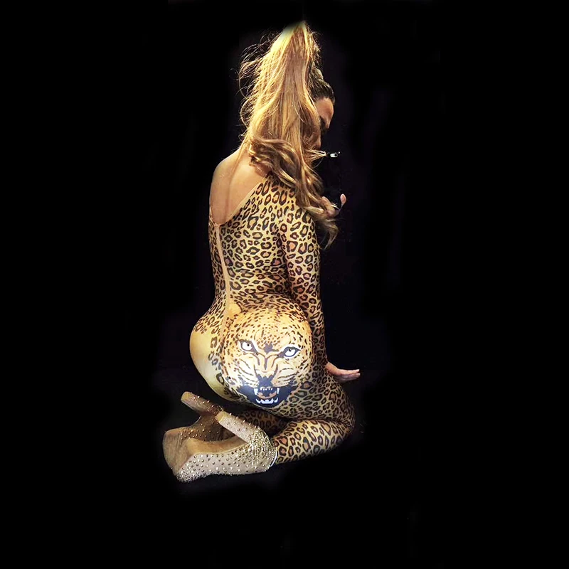 Sexy individuality leopard print design elastic jumpsuit bar nightclub concert singer dancer costumes