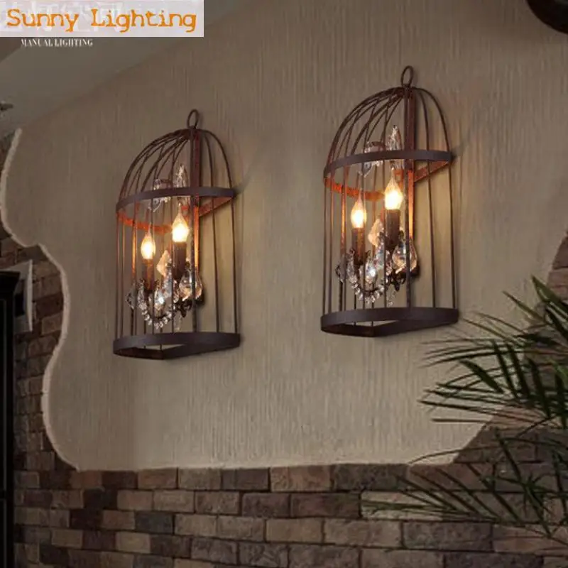 Art studio Rustic Iron Bird cage wall Lamp Bar sconce vintage cage Lamp Industrial wall lights Makeup Led candle porch lighting