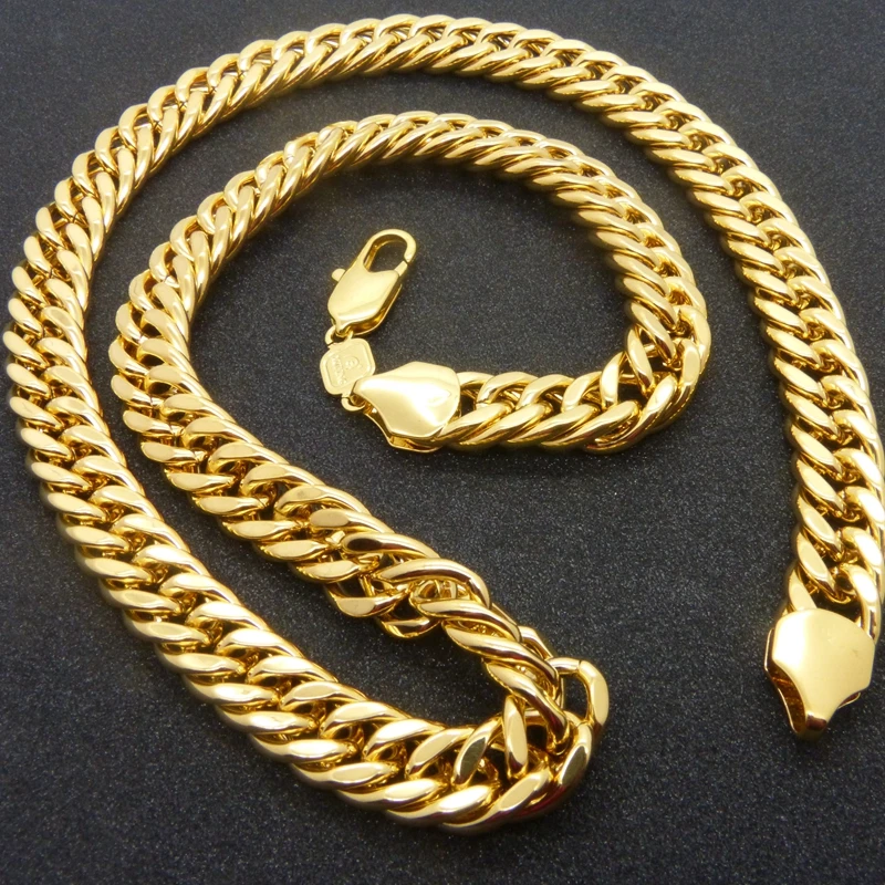 10mm Wide Solid Chunky Chain  Yellow Gold Filled Mens Necklace Double Curb Chain Link 24