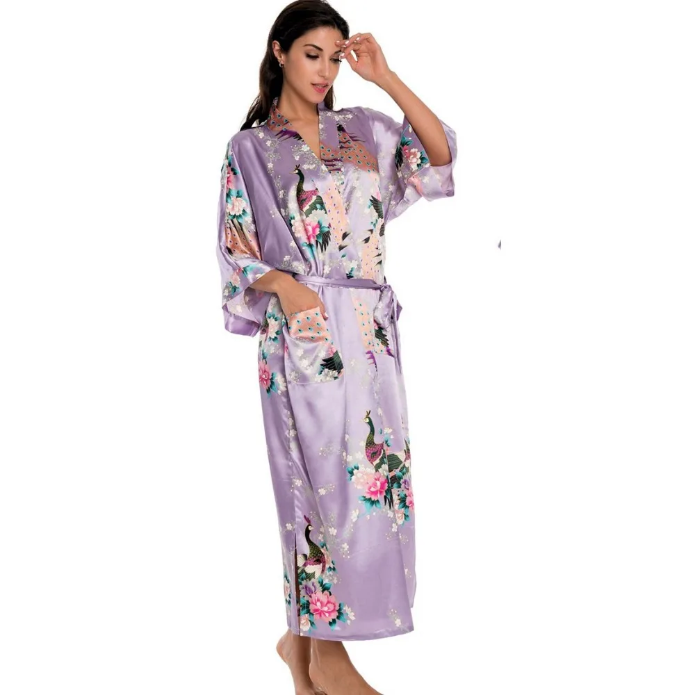 Gaun Jubah Satin Wanita Tiongkok Ungu XXXL Jubah Mandi Kimono Yukata Geisha Jepang Pakaian Tidur Seksi Gaun Malam Bunga