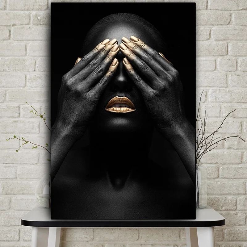 Black Hand and Gold Lip Nude Woman Oil Painting on Canvas Cuadros Posters and Prints African Wall Art Picture for Living Room