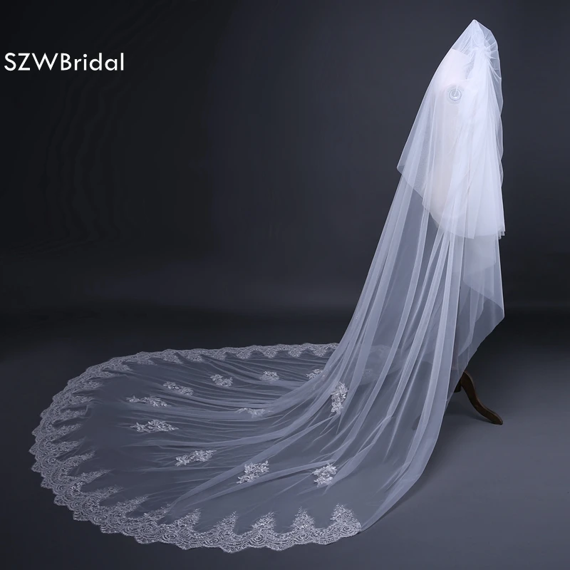 Bruiloft Sluier Goedkope Lange Kathedraal Met Kam Kant 3 Meter Cut Edge Bruiloften Accessoires Voile De Mariage 2021 Bridal Veils