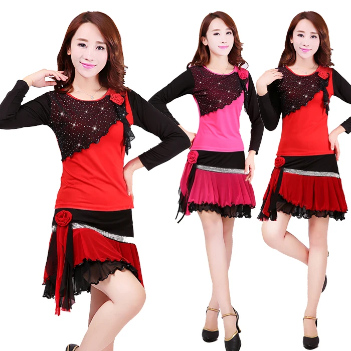 Fall and winter new long-sleeved shirt flowers Sequin short skirt adult Latin dance suit suit