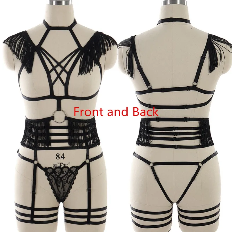 Body Harness for Women's Underwear Set Strap Adjust Lingerie Full Body Bondage Goth Black Sexy Lace Tassel Hollow Out Bra