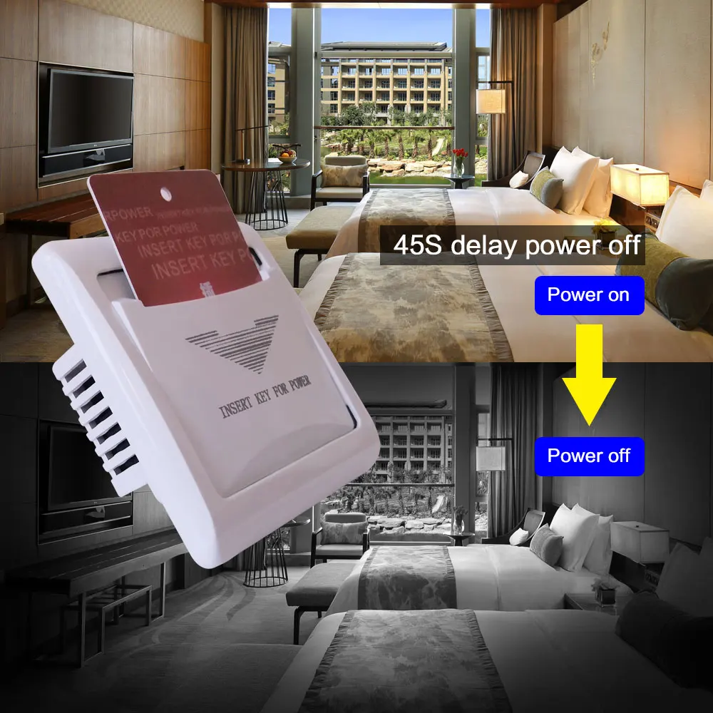 40A Hotel Wall Switch White Insert Any PVC Plastic Paper RFID 125KHz/13.56MHz Card To Take Power 45s Delay Off Guestroom Switch