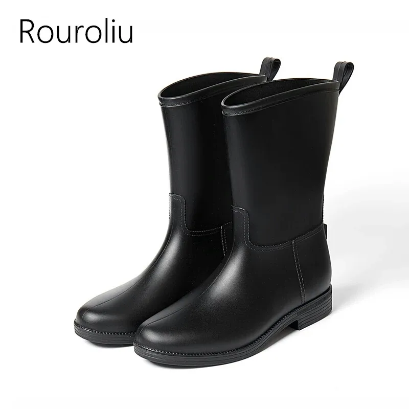 Rouroliu Women Non-Slip Rain Boots Waterproof Water Shoes Slip-on Woman Wellies Mid-Calf Dress Boots RT315