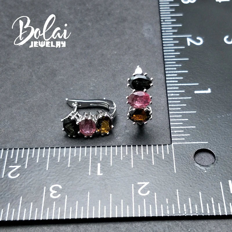 Bolaijewelry,natural multicolor tourmaline oval 5*7mm gemstone clasp earring 925 sterling silver fine jewelry women gift box