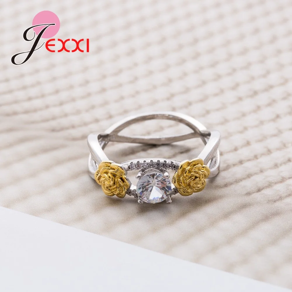 Bague géométrique en argent regardé 925 pour femmes, décoration de fleurs roses, oxyde cubique transparent, bijoux de fête pour filles, contre-indiqué, haute qualité