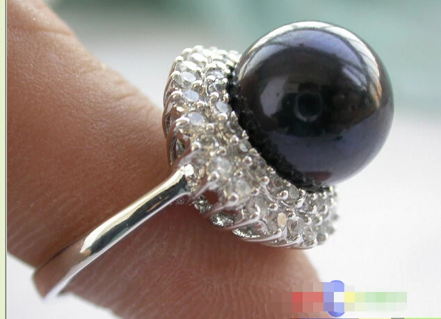 FREE shipping p3411 Imperial Crown AA++13MM Tahitian black ROUND PEARL mount 925SILVER RING