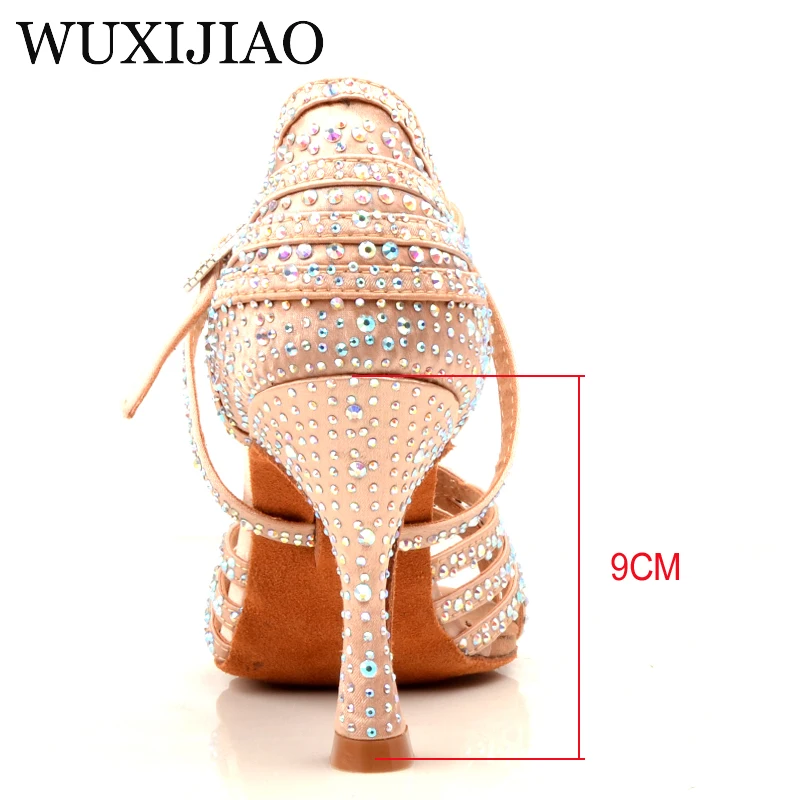 WUXIJIAO Women Salsa party Ballroom shoes Latin dance shoes big small rhinestone shining Skin Black satin Cuba heel 9cm