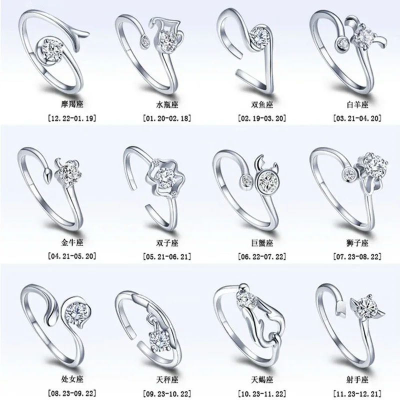 12 Anillo del zodiaco Aries Tauro Géminis Cáncer Virgo Libra Scorpius Sagitario Capricornio Boda Amor CZ Anillos abiertos ajustables