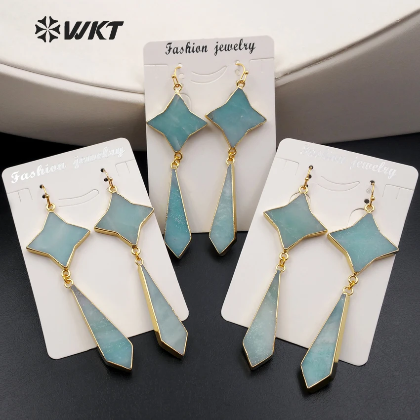 

WT-E386 Wholesale star amazonite stone earrings with 24K gold fashion rhombus green star stone earrings jewelry for women gift