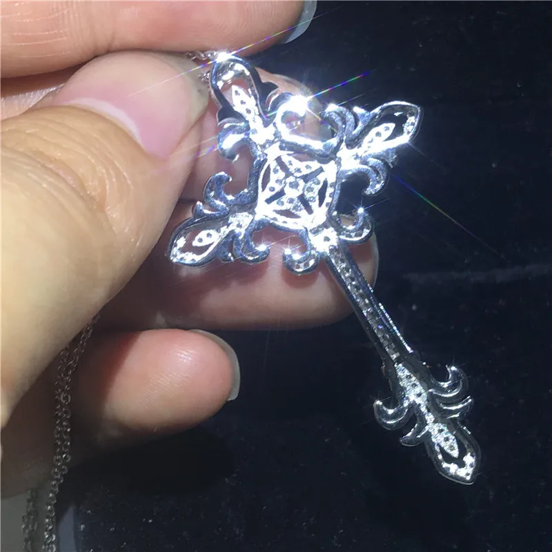 Vecalon Unique Flower Cross pendant 925 Sterling silver 5A Cz Stone cross Pendant necklace for Women Men Party Wedding Jewelry