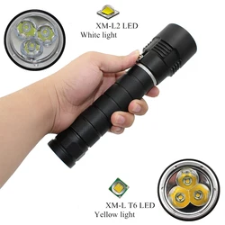 Linterna táctica LED para buceo, luz blanca/amarilla impermeable, 3 * L2/T6