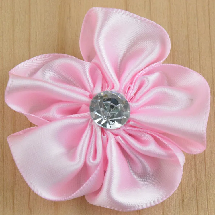 100 pcs/lot , 2.1 inch DIY Satin Ribbon Flowers with rhinestone center