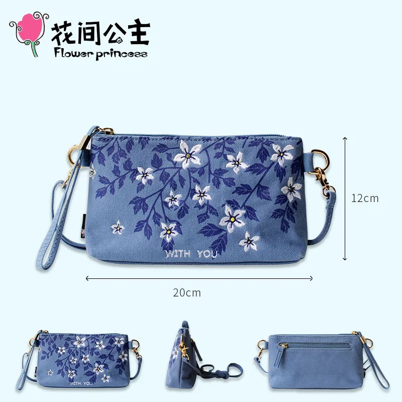 Flower Princess Embroidery Canvas Handbags Summer Women Small Messenger Girl Clutch Bag Female Shoulder Crossbody Bag Purse