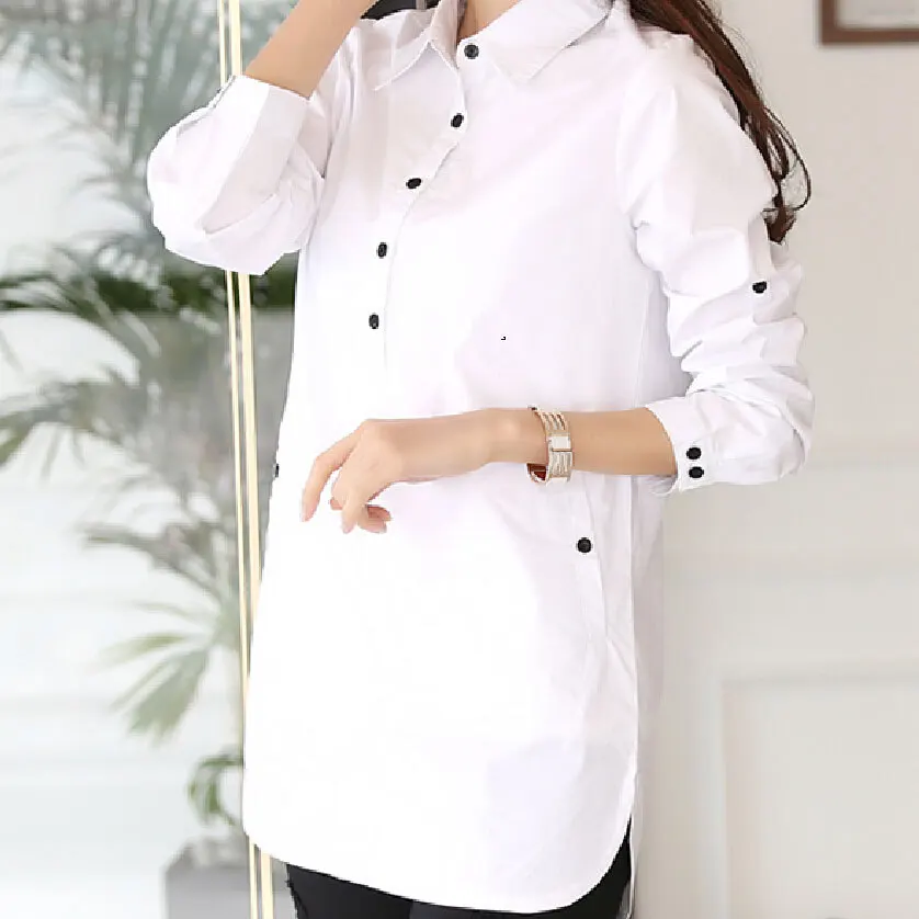 S-3XL Plus Size White Shirts Womens Autumn Winter Basic Collar Long Tops Female Casual Curve Hem Long Sleeve Cotton Blouse