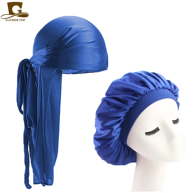 Sombrero de dormir para hombre y mujer, gorro con cola larga y correas anchas, color sólido y sedoso, cómodo