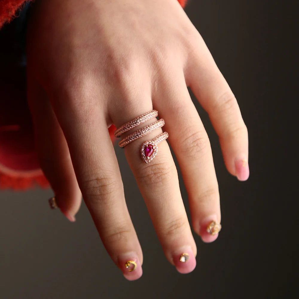 Multi wrap rose gold color pave pink cz pinky jewelry adjust Snake shape full finger ring for women