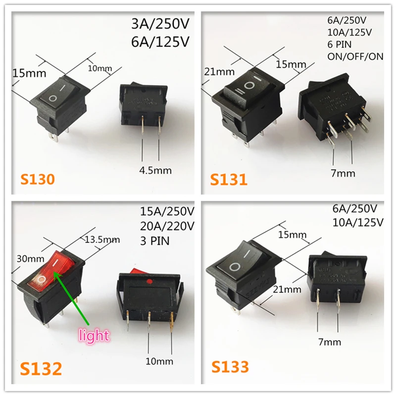 SPST KCD 3PIN 6PIN On/Off Square Rocker Switch DC AC 6A/250V Car Dash Dashboard Plastic Switch Dropshipping