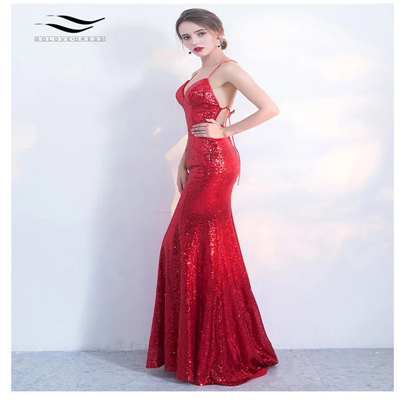 Solovedress formal com decote em v vestido de noite fotos reais mulher 2018 spagetti strap elegante sereia vestido com faixa SL-S001