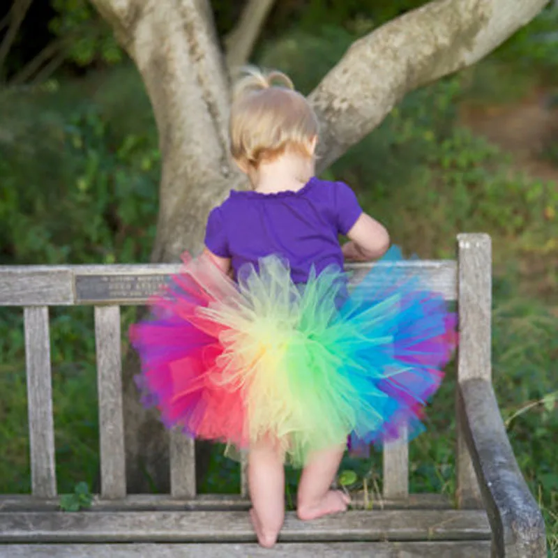 Beautiful Girl\'s Rainbow Color Tutu Skirts Baby Handmade Multicolor Tulles Tutus with Flower Headband Kids Party Pettiskirt 1Pcs