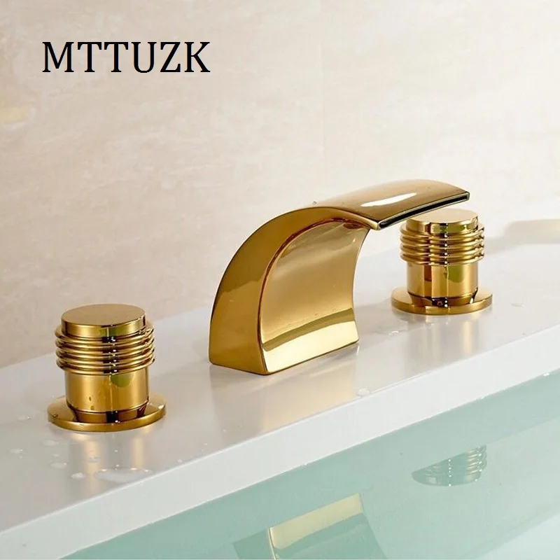 Vidric 3Pcs Waterfall  Bathroom Gold-plated Faucet Basin Faucets Deck Mounted Bathroom Tap 2 Handles 3 Hole Faucet Mixer Crane 3