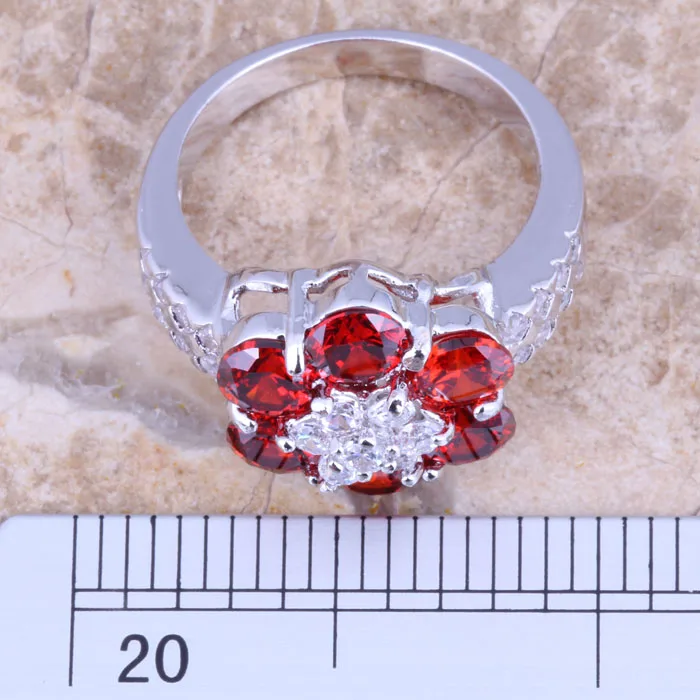 Pleasant Flower Red Garnet White CZ Silver Plated  Women's Ring Size 6 / 7 / 8 / 9 R1401